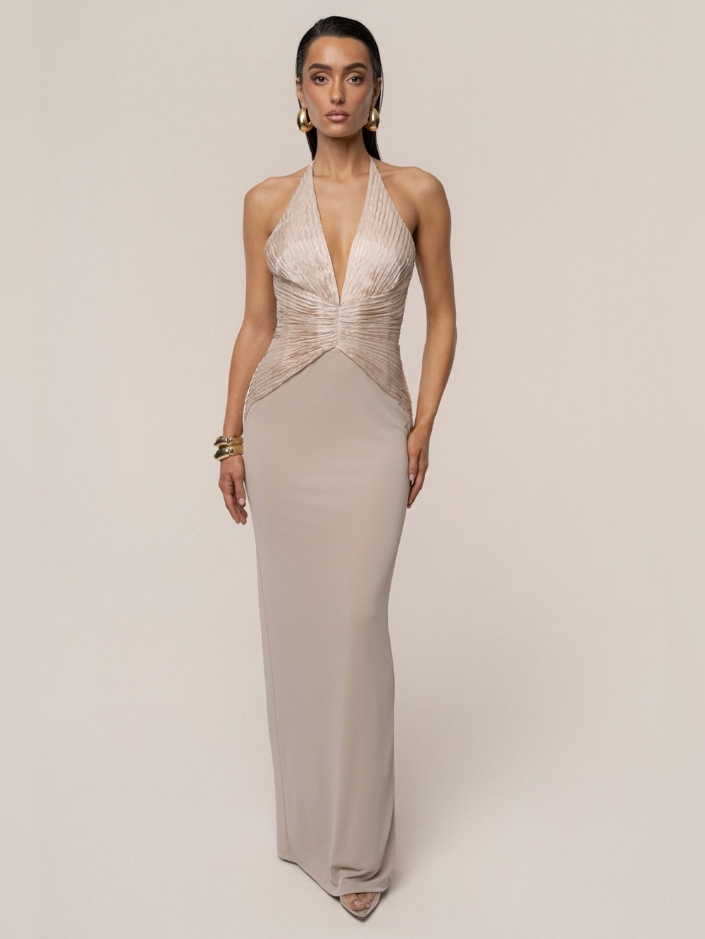 new JLuxLabel enchanted nights maxi v neck plunge dress in champagne